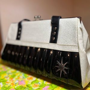 Lux de Ville Purse Black White Sparkle Black Patent Kiss Lock Rockabilly Lined